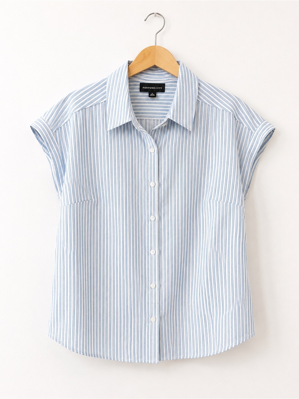 Light Blue Stripe Cap-Sleeve Button-Up Shirt